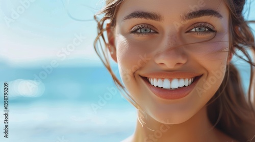 Woman with a bright smile is standing on a beach
