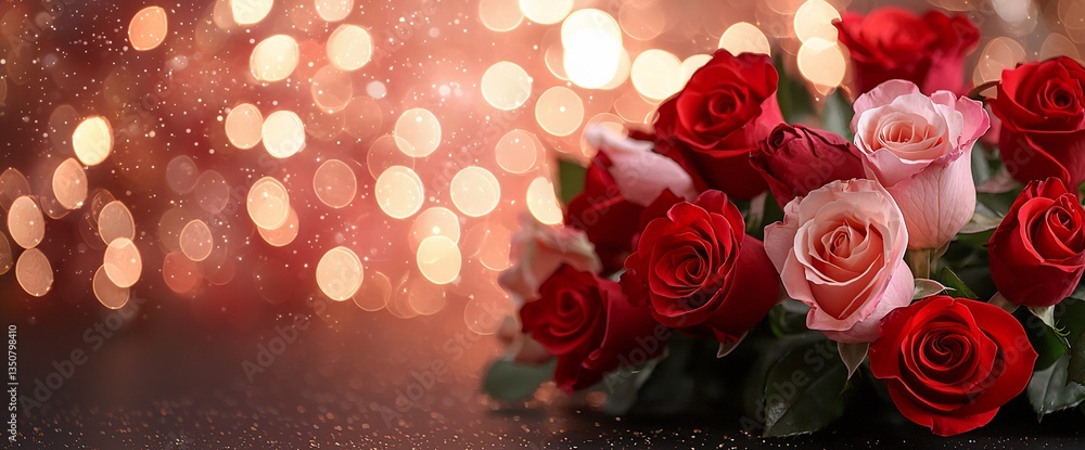 Romantic Red Pink Roses Bouquet with Festive Lights. Romantic Red Pink Roses Bouquet with Festive Lights.