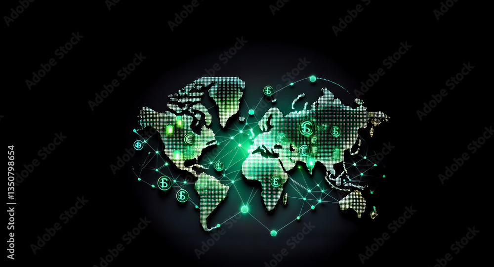 Glowing green world map with interconnected nodes. Connections spread across continents, symbolizing global networks and technology on a dark background. Glowing green world map with interconnected nodes. Connections spread across continents, symbolizing global networks and technology on a dark background.