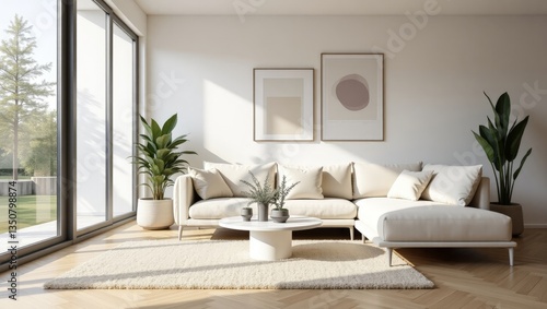 Serene Living Room with Modern Sofa, Minimalist Decor, and Natural Light Influx