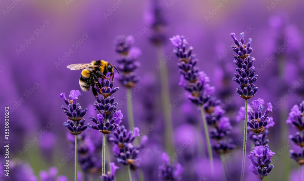 Naklejka premium A bee is perched on a lavender flower in a field of lavender.