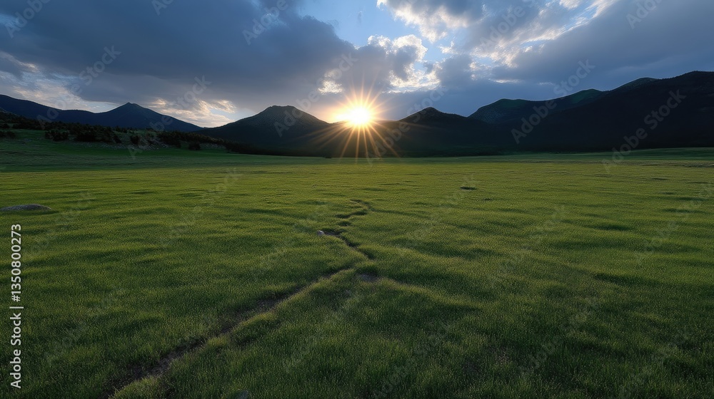 Obraz premium Golden sunburst rising over distant mountains illuminates a winding path through a vast green meadow.