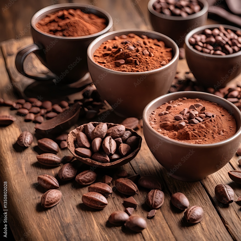 Fototapeta premium Cocoa Beans, Powder, and Chocolate on Rustic Wood