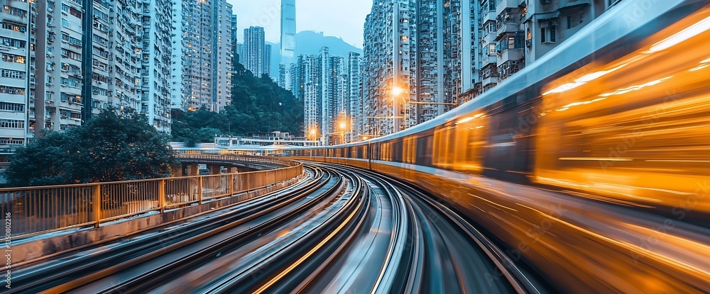 Fototapeta premium Speeding Train Through Urban Skyline at Dusk.