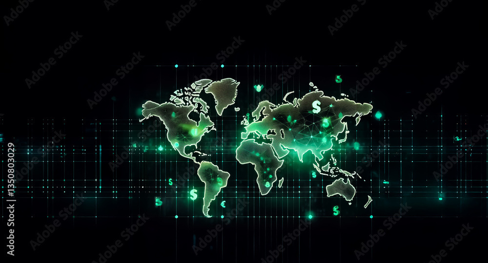 Digital world map with glowing green continents and dollar symbols overlaid on a dark backdrop with a digital grid, symbolizing global finance and technology.