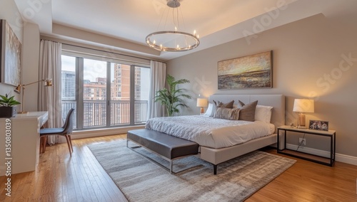 Wallpaper Mural A modern bedroom interior showcasing a stylish bed and city views Torontodigital.ca