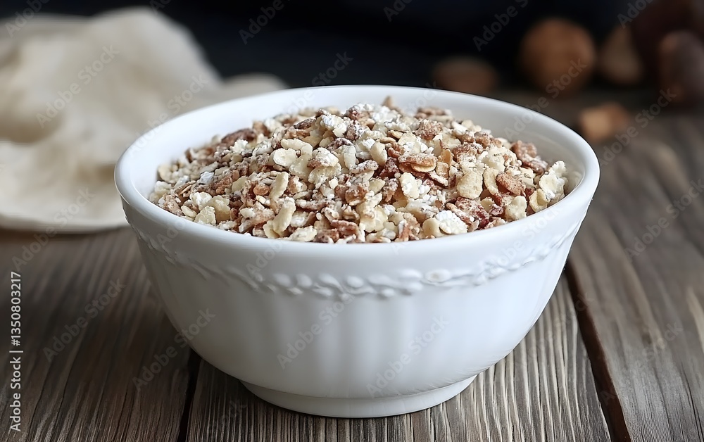 Crispy Granola Clusters in White Bowl Wooden Background Crispy Granola Clusters in White Bowl Wooden Background