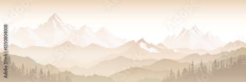 Mountain landscape in sepia tones, panoramic view, vector illustration