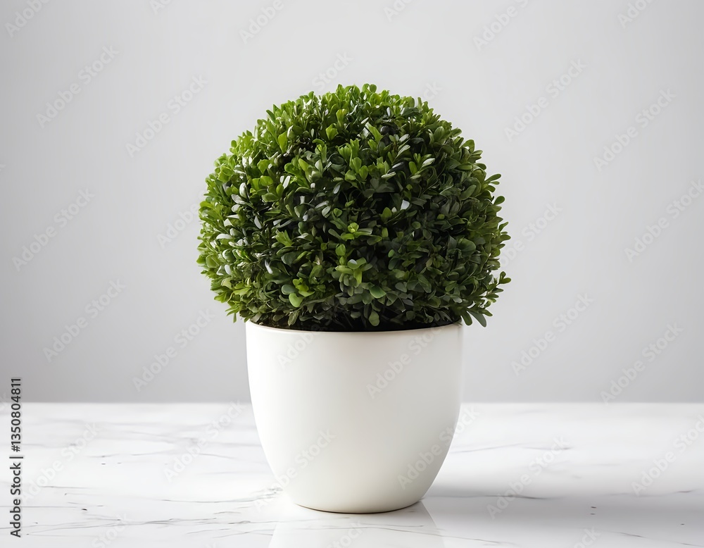 Fototapeta premium Green Sphere Plant in White Pot on Marble Surface