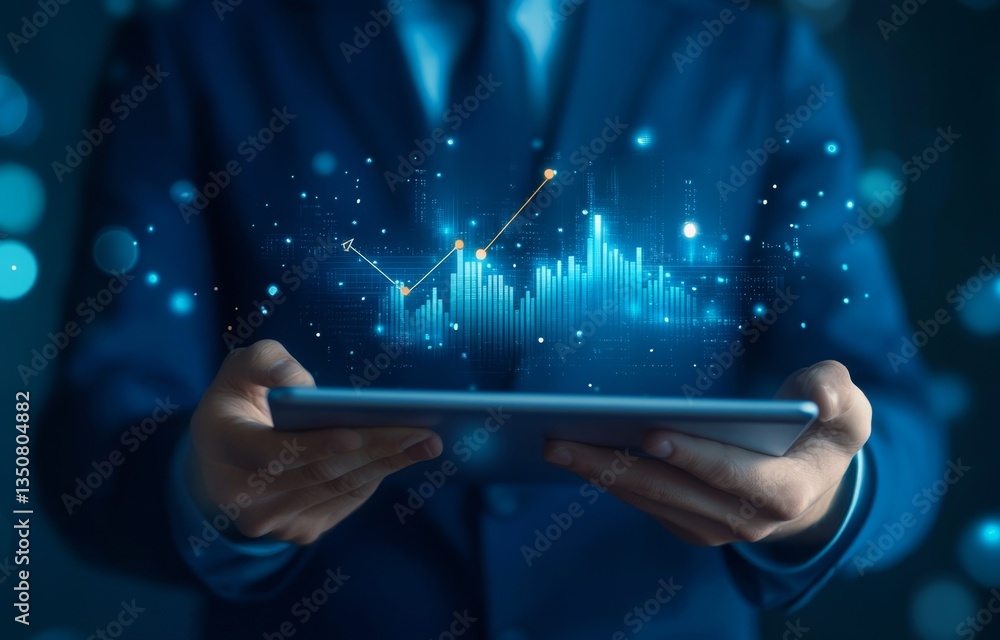Businessperson holding tablet showing upward graph. Businessperson holding tablet showing upward graph.