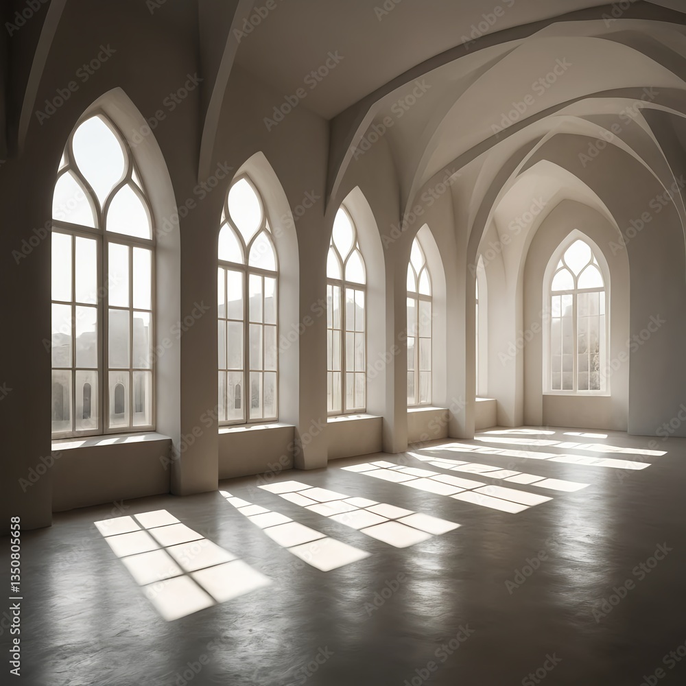 Fototapeta premium Sunlit Gothic Arch Windows in a Minimalist Hallway
