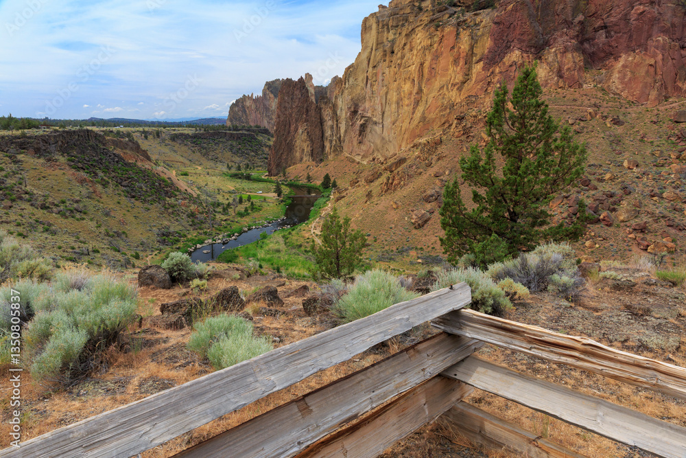 North America, United States, Oregon, Central Oregon, Redmond, Terrebonne, Oregon. Smith Rock State Park. Crooked River. High Desert. Basalt rocks and cliffs. Split-rail fencing.