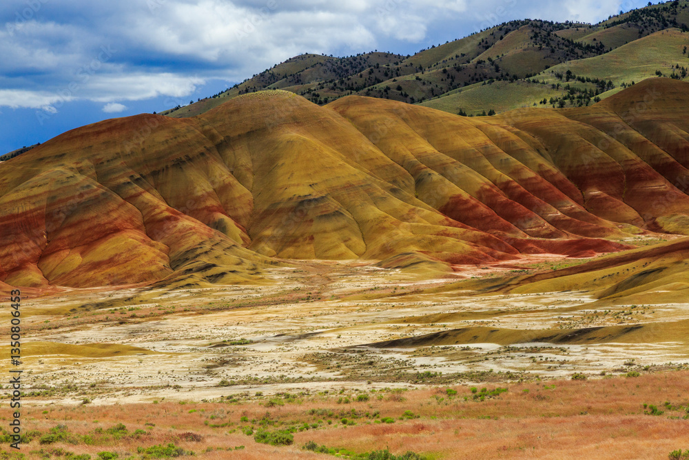 North America, United States, Oregon, Central Oregon, Redmond, Bend, Mitchell. Series of low clay hills striped in colorful bands of minerals, ash and clay deposits.