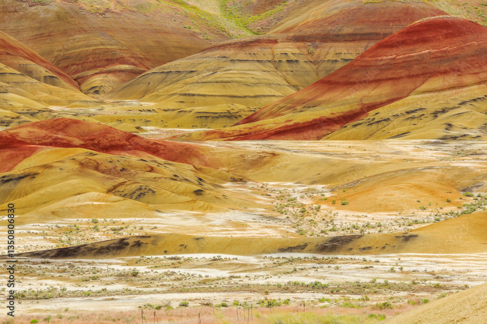 North America, United States, Oregon, Central Oregon, Redmond, Bend, Mitchell. Series of low clay hills striped in colorful bands of minerals, ash and clay deposits.