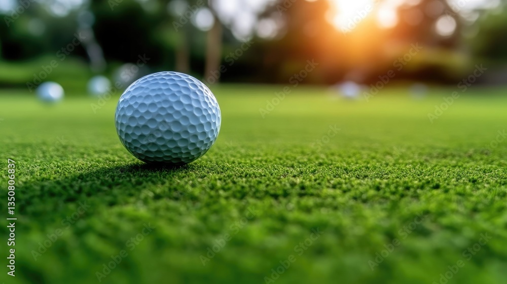 Obraz premium Golf ball on a lush green fairway at sunset