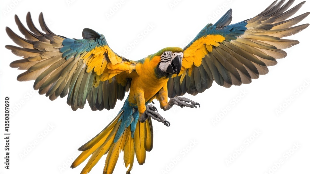Fototapeta premium Colorful Macaw in Flight Over White Background