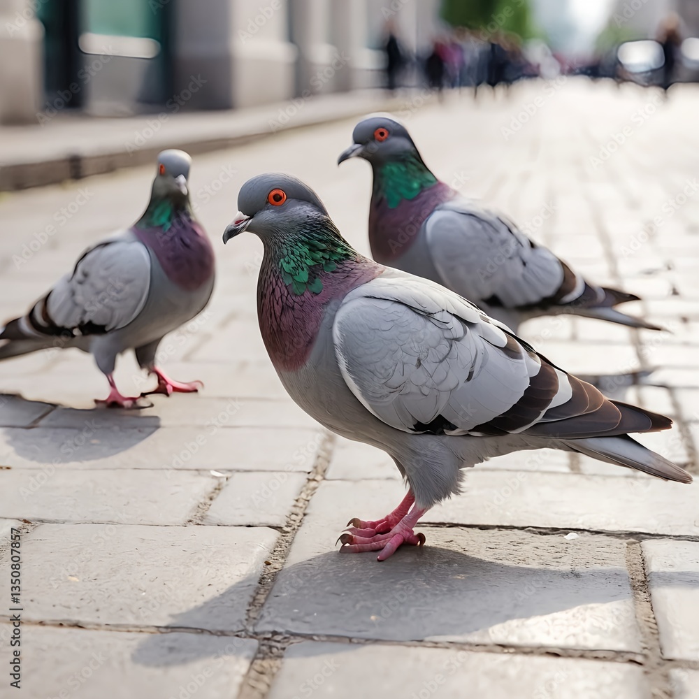 Obraz premium Three Pigeons on City Pavement