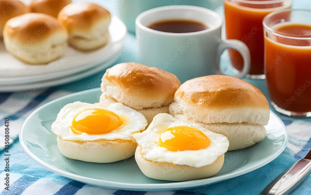 Delicious Fried Eggs on Soft Rolls Breakfast Meal Delicious Fried Eggs on Soft Rolls Breakfast Meal