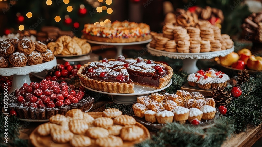 A festive dessert spread, where slices of pie, each glistening with syrup and warm spices, share space with freshly baked cookies, offering a taste of the holiday season’s sweetness. A festive dessert spread, where slices of pie, each glistening with syrup and warm spices, share space with freshly baked cookies, offering a taste of the holiday season’s sweetness.