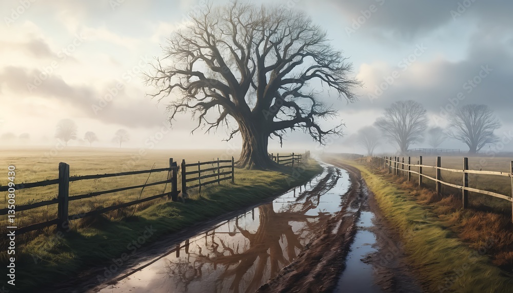 Obraz premium Misty Morning Country Road with Old Tree