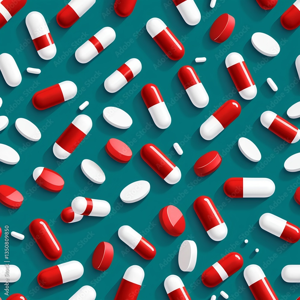Red and White Pills Scattered on Teal Background Red and White Pills Scattered on Teal Background