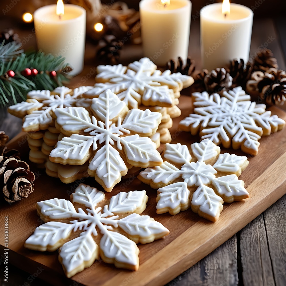 Snowflake Sugar Cookies on Wooden Board with Candles and Pine Cones Snowflake Sugar Cookies on Wooden Board with Candles and Pine Cones