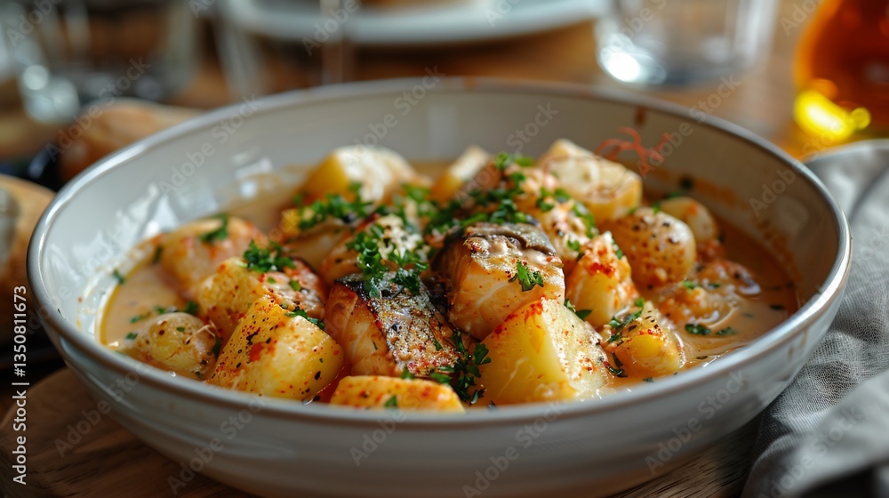 Icelandic plokkfiskur fish stew potatoes served in a neat white bowl with garnish Icelandic plokkfiskur fish stew potatoes served in a neat white bowl with garnish