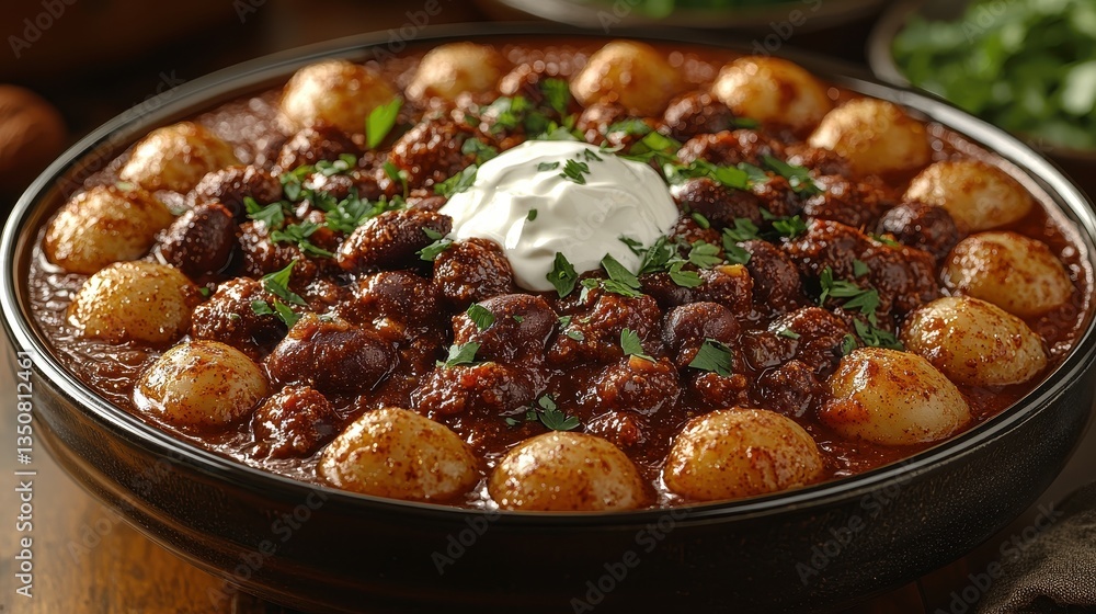 A hearty bowl of chili, topped with a dollop of sour cream and a sprinkle of fresh herbs, sits steaming on the kitchen table, ready to warm you up on a chilly day. A hearty bowl of chili, topped with a dollop of sour cream and a sprinkle of fresh herbs, sits steaming on the kitchen table, ready to warm you up on a chilly day.