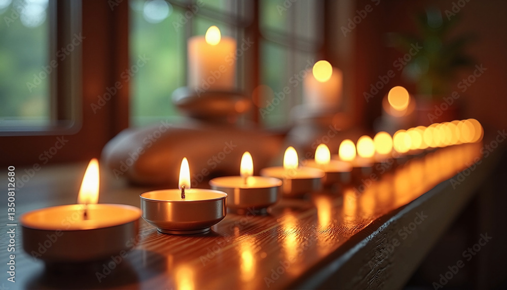 Serene candles glowing softly on a wooden table by the window Serene candles glowing softly on a wooden table by the window