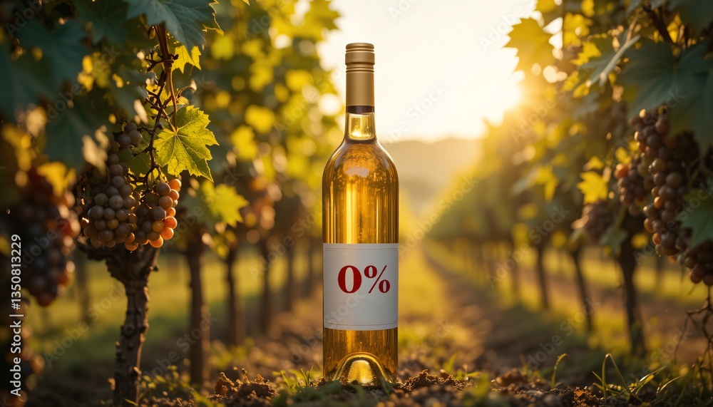 Fototapeta premium Alcohol Free Wine Bottle in Vineyard, 0% alcohol wine bottle in a vineyard at sunset.