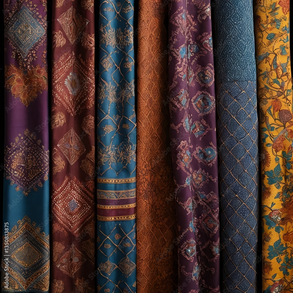 Vibrant Rolls of Fabric with Intricate Designs Vibrant Rolls of Fabric with Intricate Designs