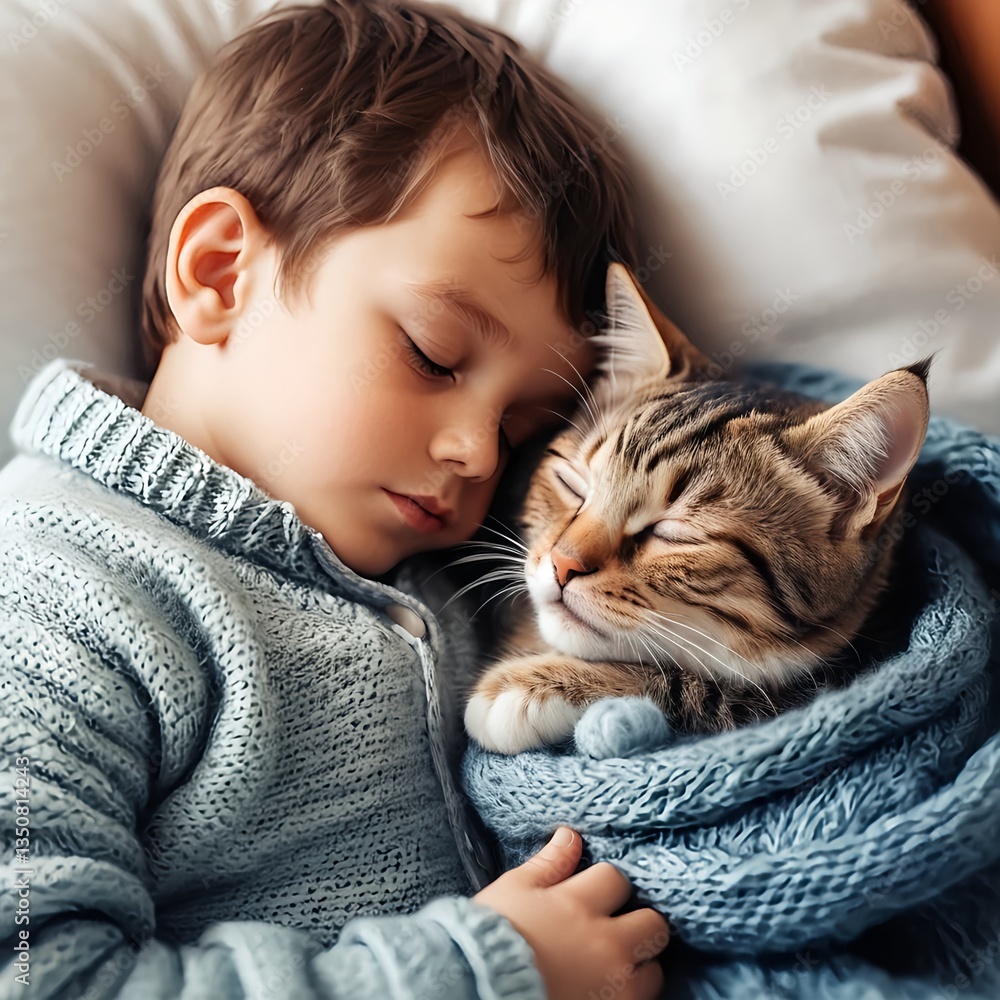 Child Sleeping Peacefully with Cat Child Sleeping Peacefully with Cat