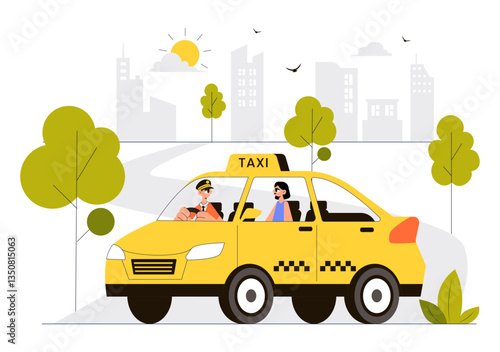 Online Taxi Booking Travel Service Vector Illustration Featuring a Mobile App on a Smartphone for Taking Someone to a Destination in a Flat Background
