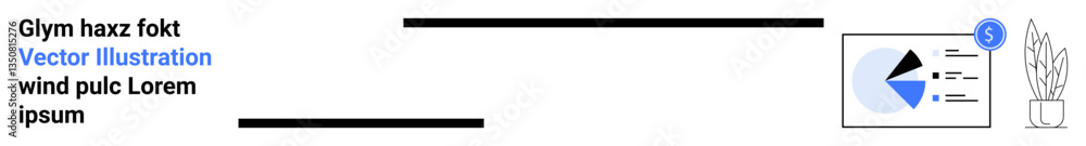 Analytical document with pie chart, notification bubble, and potted plant. Ideal for business analytics, report design, digital presentation, data visualization, marketing, finance simple landing Analytical document with pie chart, notification bubble, and potted plant. Ideal for business analytics, report design, digital presentation, data visualization, marketing, finance simple landing