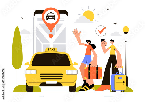 Online Taxi Booking Travel Service Vector Illustration Featuring a Mobile App on a Smartphone for Taking Someone to a Destination in a Flat Background