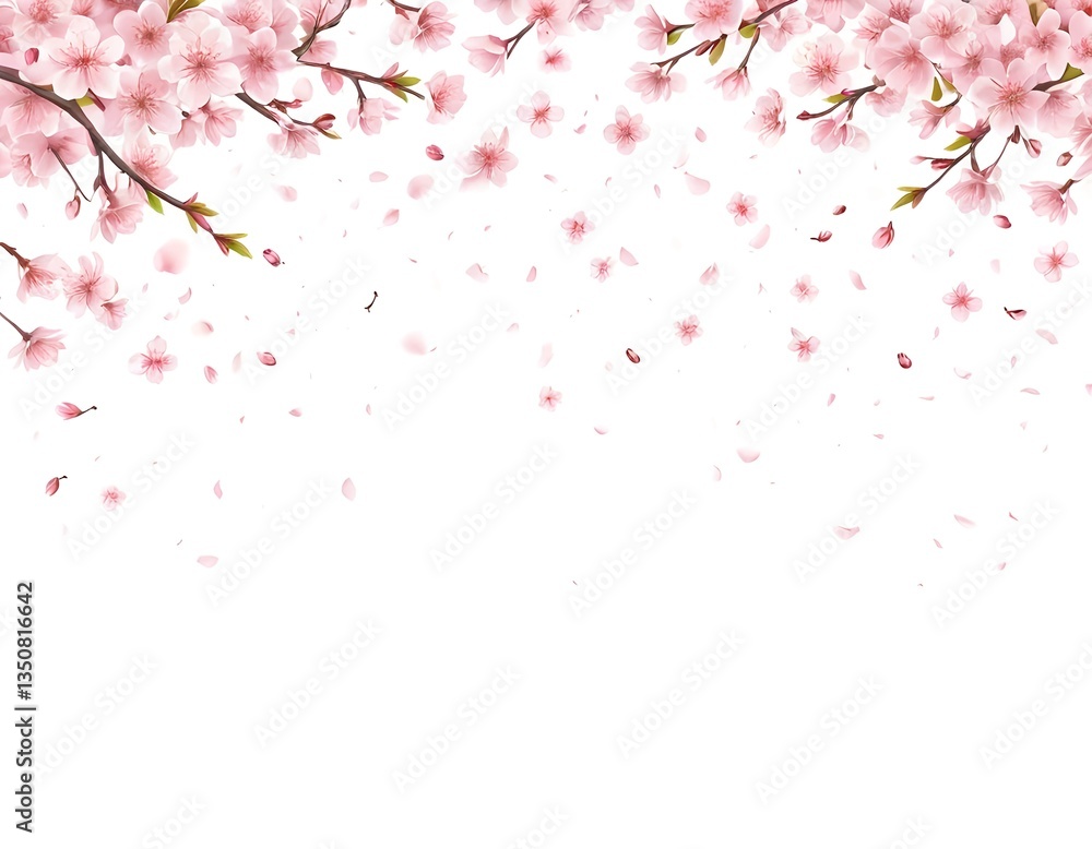 Pink Cherry Blossoms Falling on White Background Pink Cherry Blossoms Falling on White Background