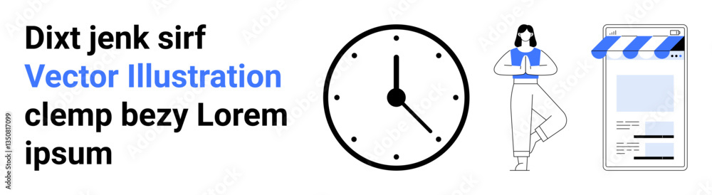 Clock symbolizing time management, woman practicing yoga for mindfulness, digital storefront for business growth. Ideal for wellness, time management, e-commerce, organization, productivity Clock symbolizing time management, woman practicing yoga for mindfulness, digital storefront for business growth. Ideal for wellness, time management, e-commerce, organization, productivity
