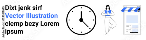 Clock symbolizing time management, woman practicing yoga for mindfulness, digital storefront for business growth. Ideal for wellness, time management, e-commerce, organization, productivity