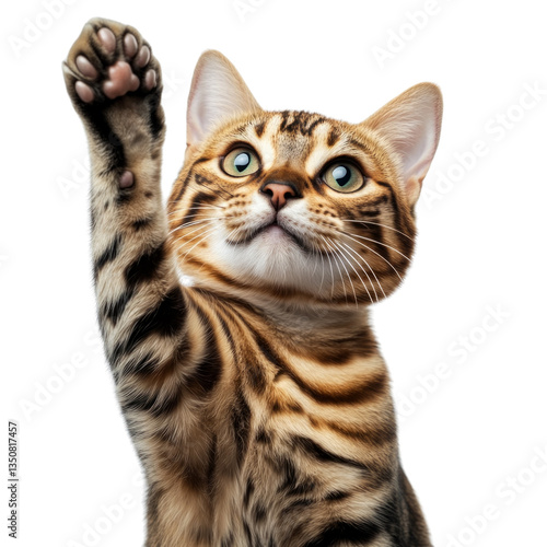 A cat with green eyes is standing on its hind legs and waving its paw
