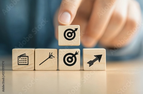 Wallpaper Mural Close up of a hand arranging wooden blocks with target and arrow icons, suggesting goal setting and strategic planning. Neutral background, soft Torontodigital.ca