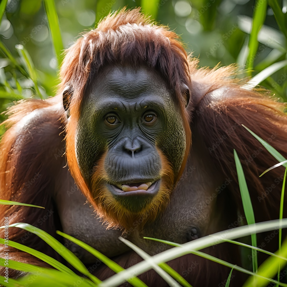 Fototapeta premium Orangutan Close-up in Lush Green Foliage