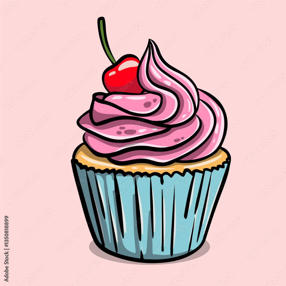 Delicious cupcakes with strawberry cream topping and red cherries Delicious cupcakes with strawberry cream topping and red cherries