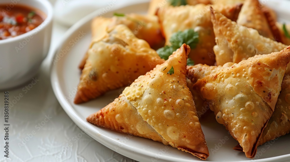 Indian samosas chutney served on a white plate triangular shape clearly visible high resolution details isolated on white background Indian samosas chutney served on a white plate triangular shape clearly visible high resolution details isolated on white background