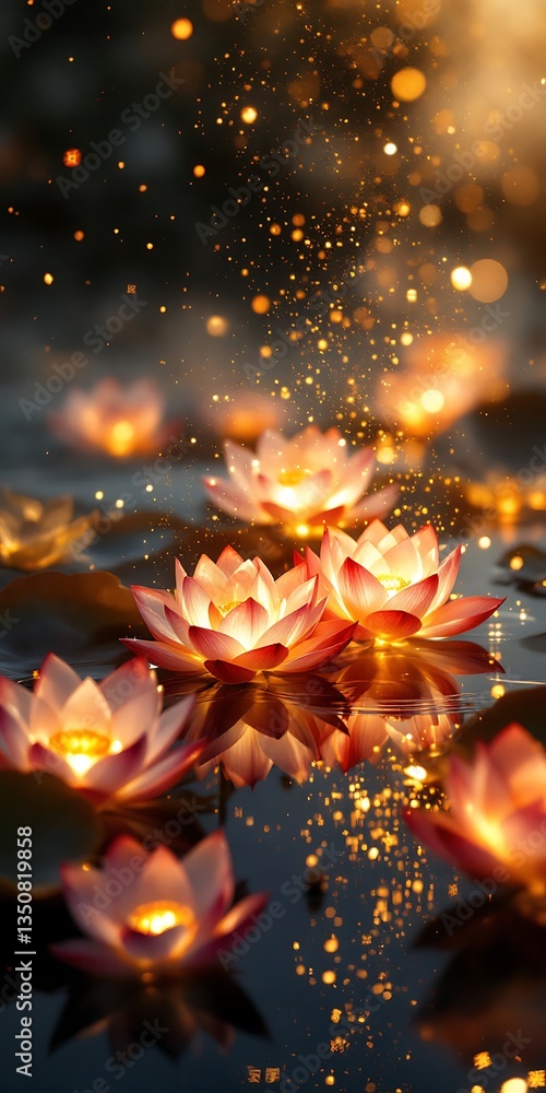Obraz premium Illuminated Lotus Flowers on a Calm Pond at Dusk