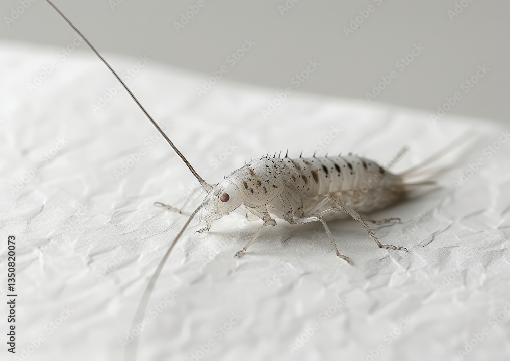 Close-up of a silverfish insect on a textured white surface. Close-up of a silverfish insect on a textured white surface.