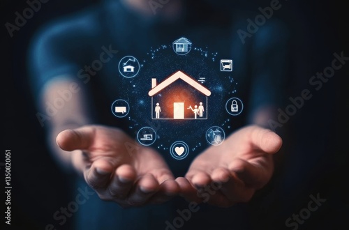 Person's hands gently cradling a glowing holographic house icon surrounded by various smaller icons, suggesting smart home technology or home