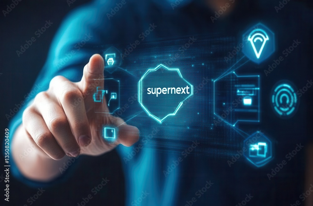 Person in blue shirt interacts with a futuristic, glowing digital interface showing various icons and the word Person in blue shirt interacts with a futuristic, glowing digital interface showing various icons and the word