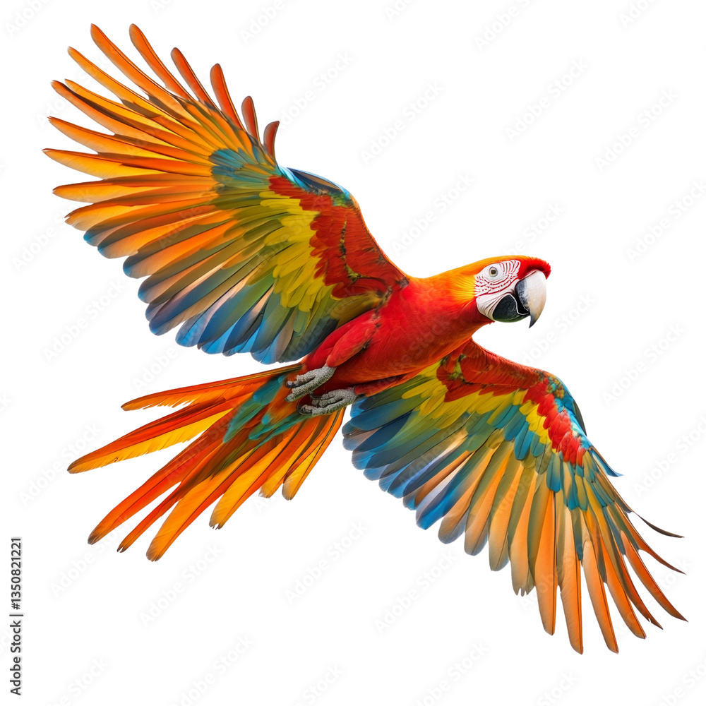 Fototapeta premium A colorful parrot is flying in the air with its wings spread wide