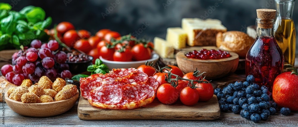 A vibrant spread of fresh fruits, vegetables, cheeses, and meats on a rustic wooden table. A vibrant spread of fresh fruits, vegetables, cheeses, and meats on a rustic wooden table.
