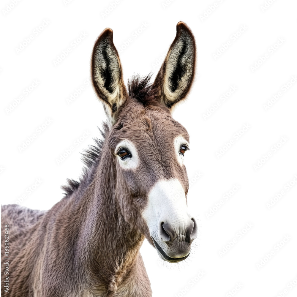 Fototapeta premium A donkey with a white face and brown ears is staring at the camera